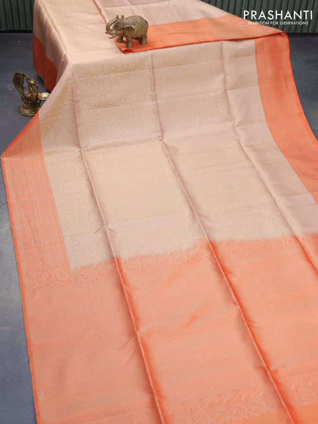 Pure soft silk saree sandal and orange with allover silver zari weaves and silver zari woven border