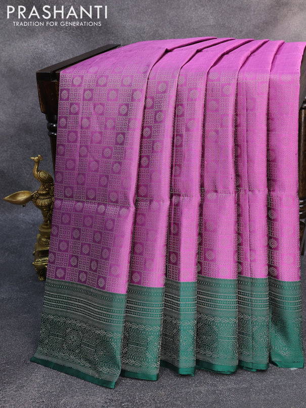 Pure soft silk saree purple and green with allover silver zari weaves and silver zari woven border
