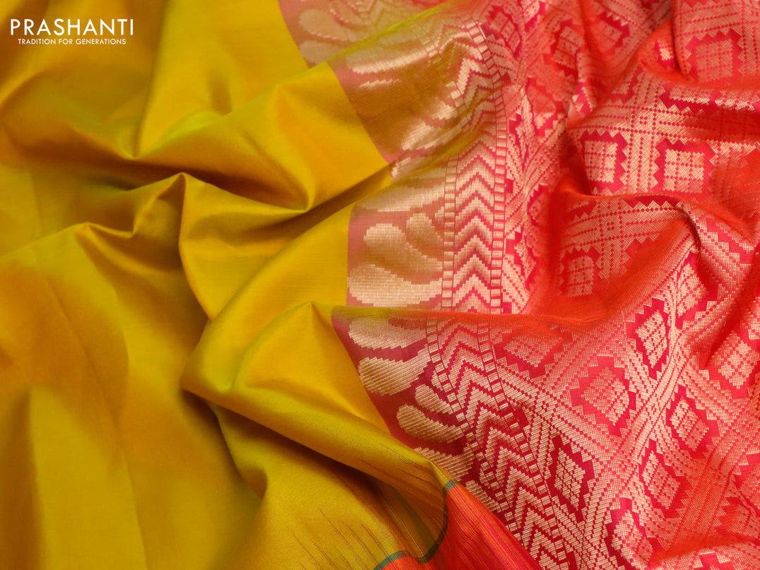 Pure soft silk saree mustard shade and dual shade of pinkish orange with plain body and ganga jamuna border