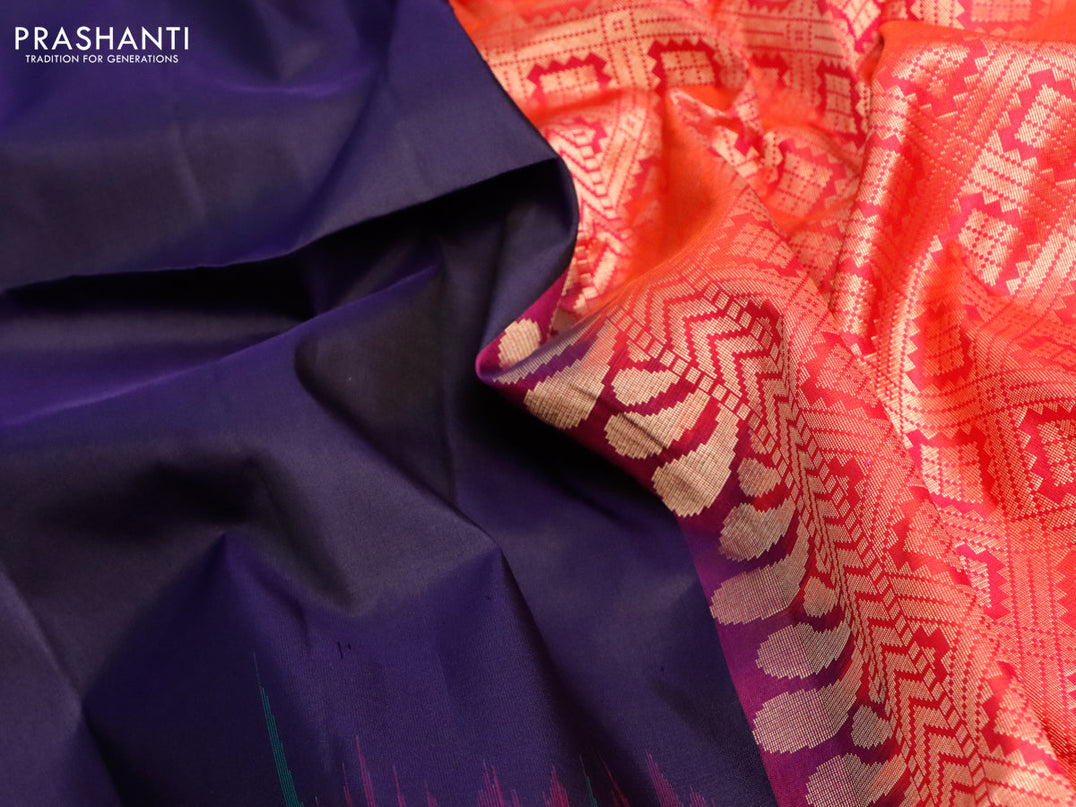 Pure soft silk saree navy blue and dual shade of pinkish orange with plain body and ganga jamuna border