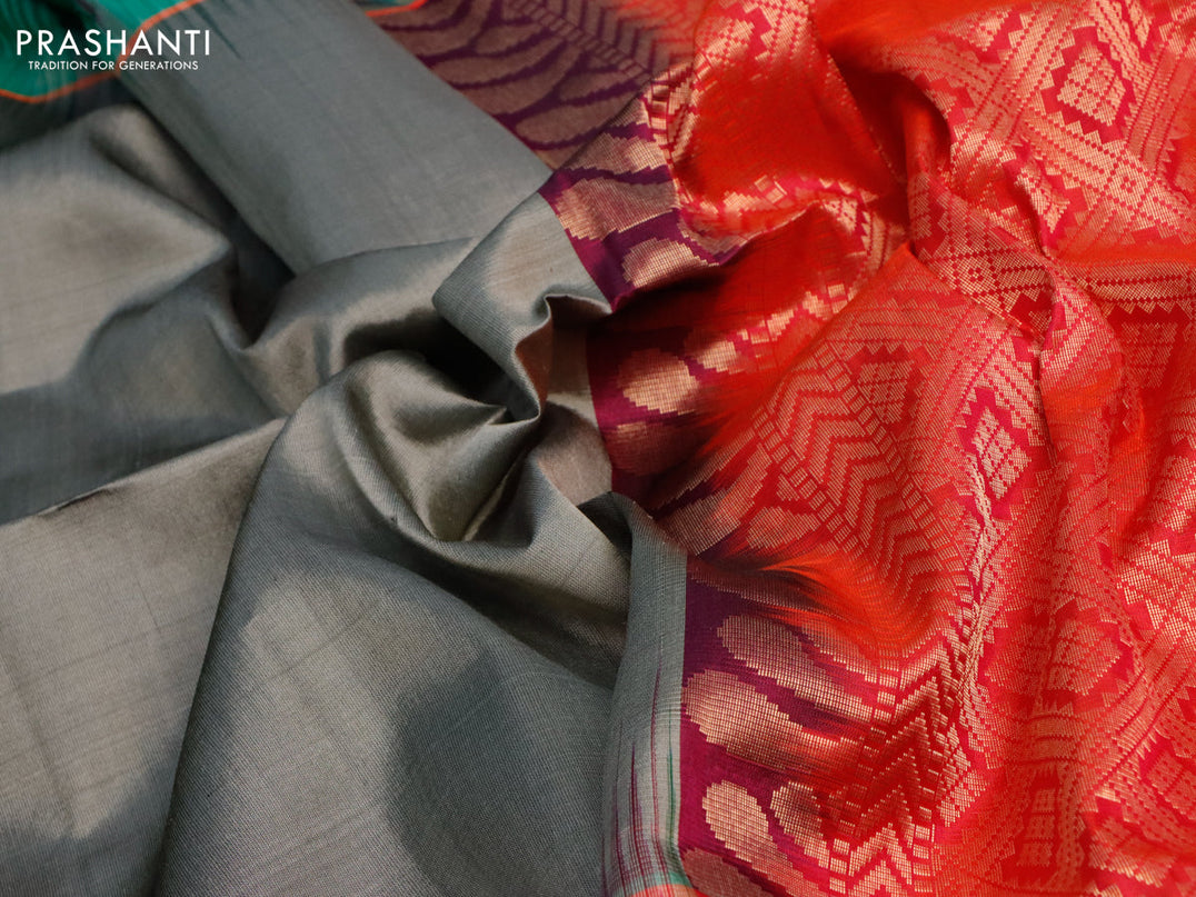 Pure soft silk saree grey and dual shade of pinkish orange with plain body and ganga jamuna border