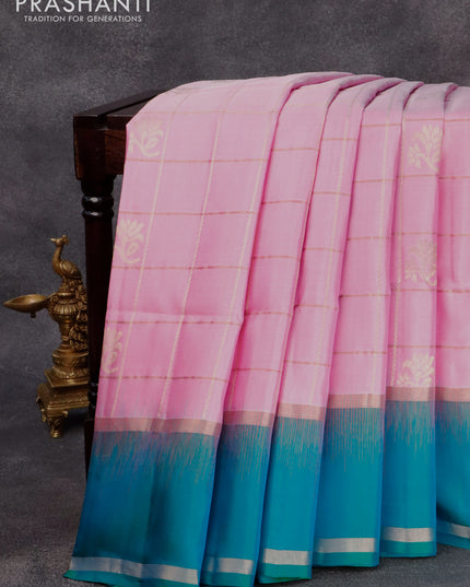 Pure soft silk saree light pink and dual shade of bluish green with allover zari checks & floral buttas and rettapet zari woven border