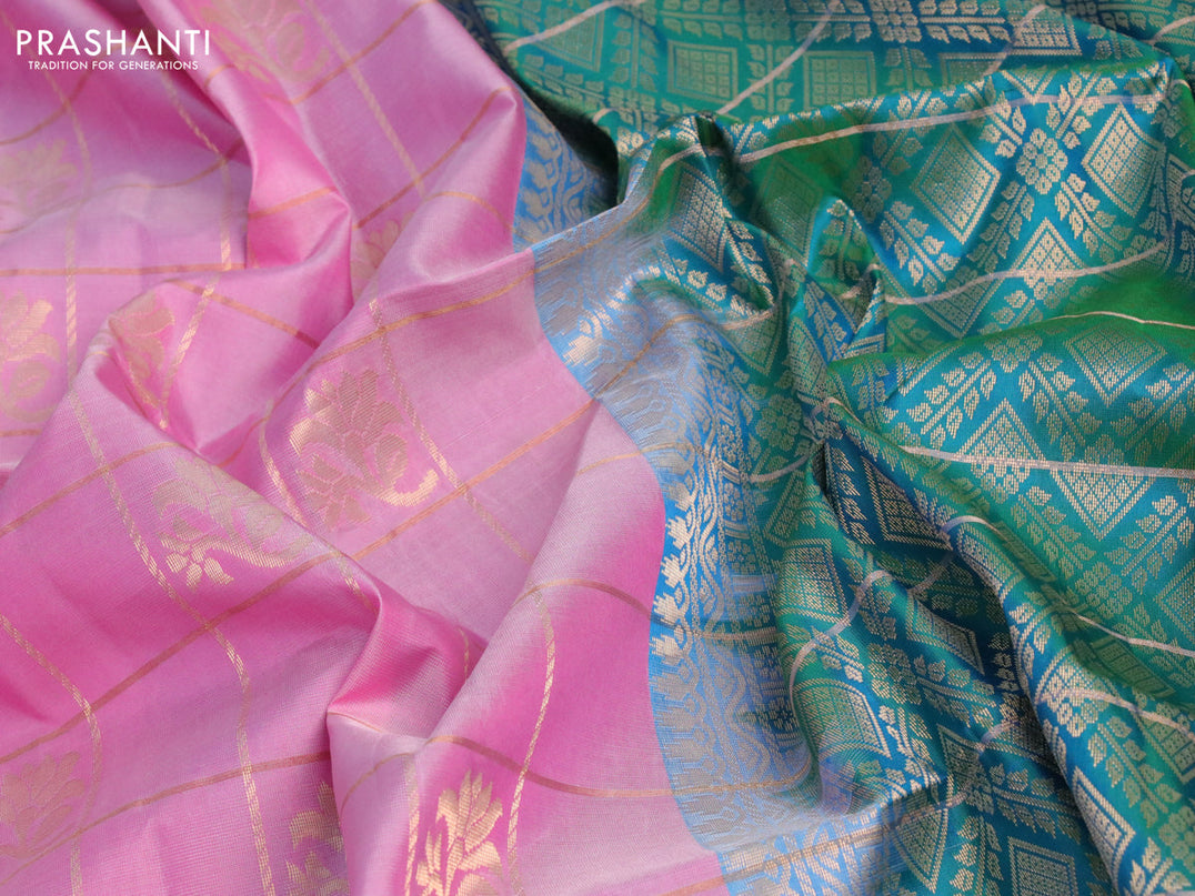 Pure soft silk saree light pink and dual shade of bluish green with allover zari checks & floral buttas and rettapet zari woven border