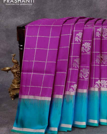 Pure soft silk saree purple and dual shade of bluish green with allover zari checks & buttas and rettapet zari woven border