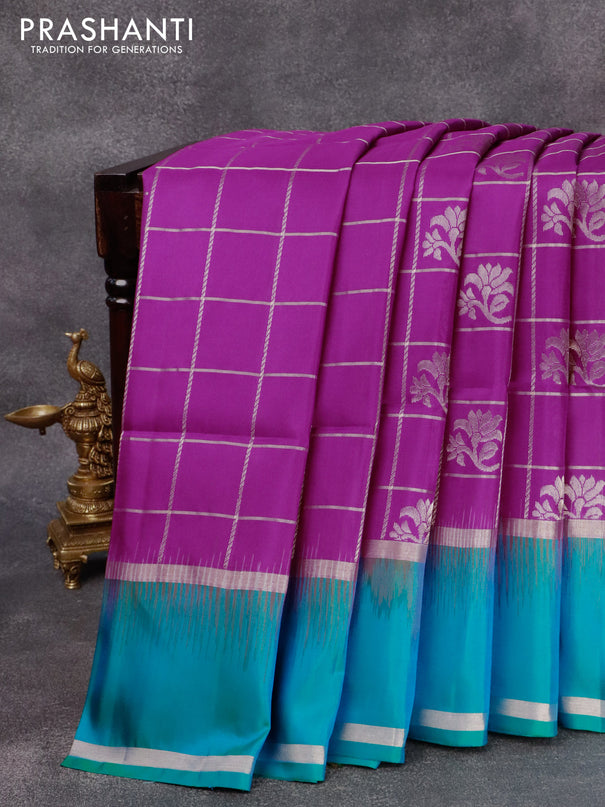 Pure soft silk saree purple and dual shade of bluish green with allover zari checks & buttas and rettapet zari woven border