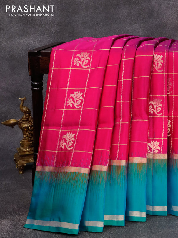 Pure soft silk saree pink and dual shade of teal blue with allover zari checks & buttas and rettapet zari woven border