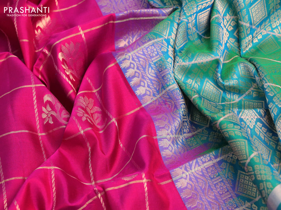 Pure soft silk saree pink and dual shade of teal blue with allover zari checks & buttas and rettapet zari woven border