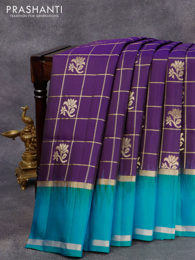 Pure soft silk saree deep violet and dual shade of teal blue with allover zari checks & buttas and rettapet zari woven border