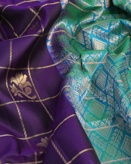 Pure soft silk saree deep violet and dual shade of teal blue with allover zari checks & buttas and rettapet zari woven border