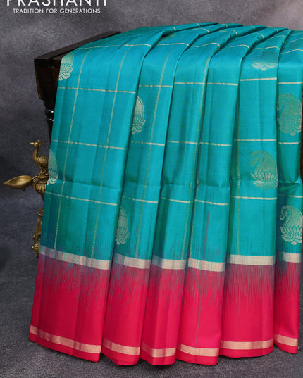 Pure soft silk saree teal blue and pink with allover zari checks & buttas and rettapet zari woven border