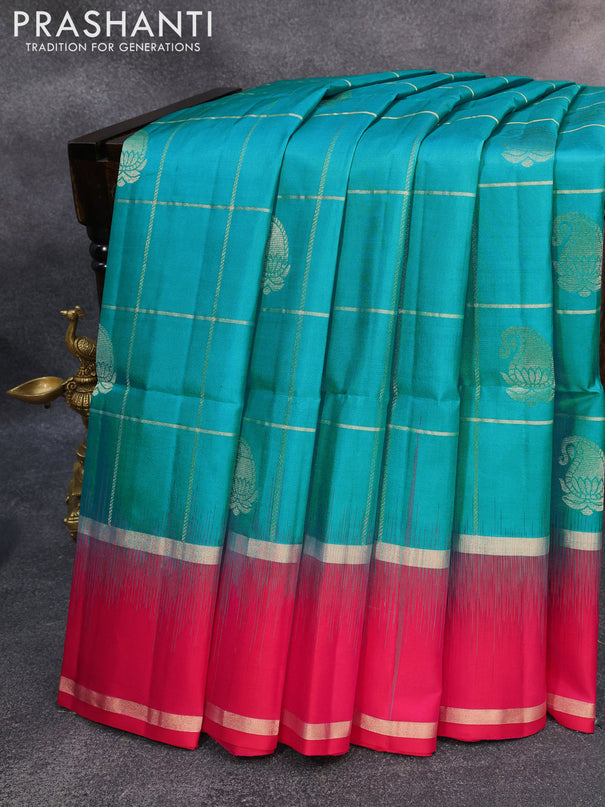 Pure soft silk saree teal blue and pink with allover zari checks & buttas and rettapet zari woven border