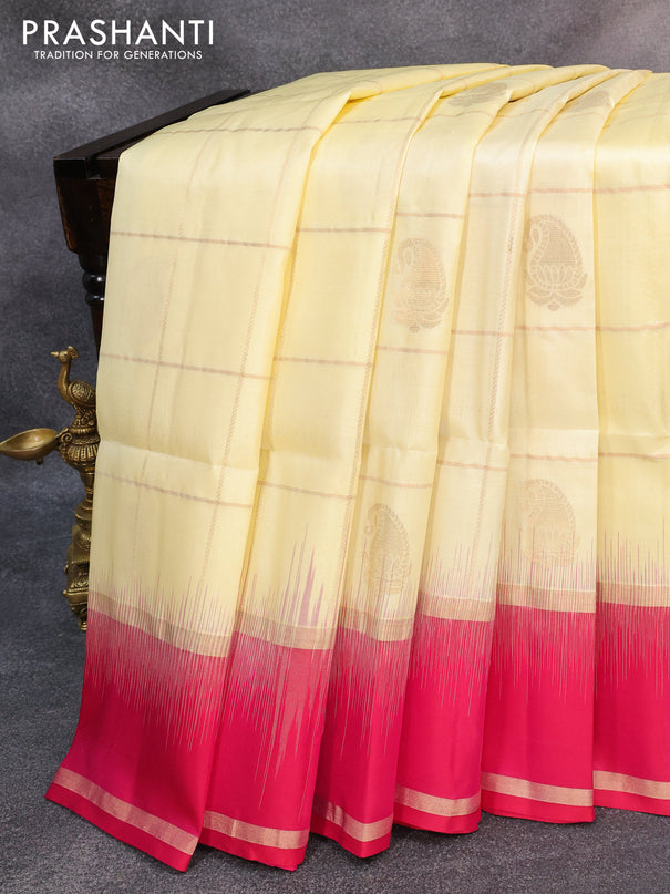 Pure soft silk saree cream and pink with allover zari checks & buttas and rettapet zari woven border