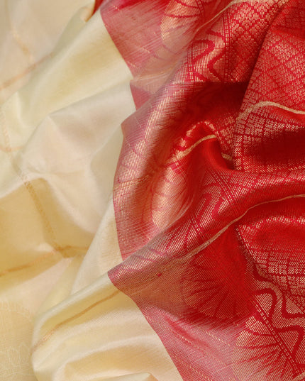 Pure soft silk saree cream and pink with allover zari checks & buttas and rettapet zari woven border