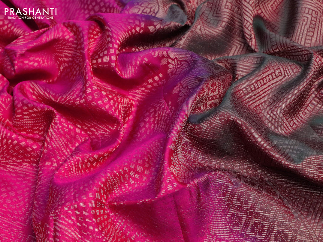 Pure soft silk saree pink and dual shade of maroon with allover silver zari woven brocade weaves and silver zari woven border