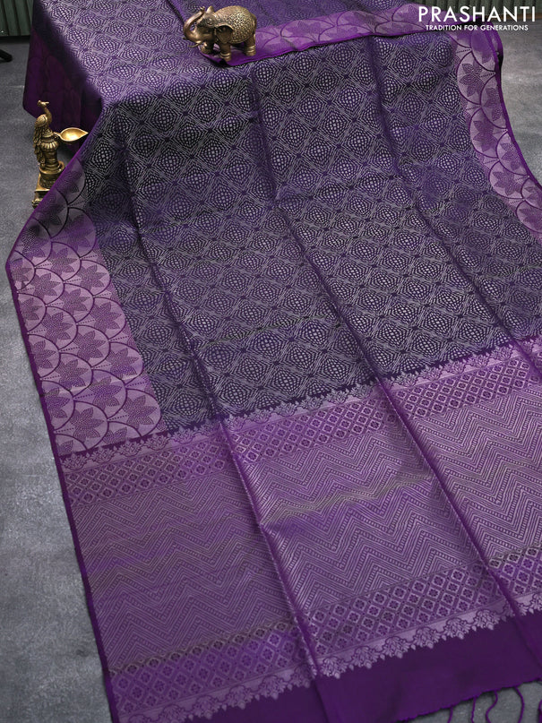 Pure soft silk saree blue and deep violet with allover silver zari woven brocade weaves and silver zari woven border