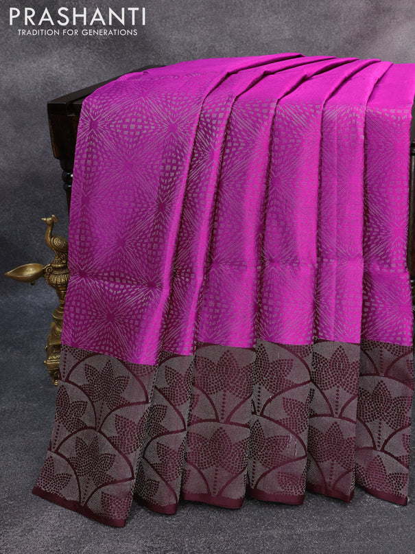 Pure soft silk saree magenta pink and brown with allover silver zari woven brocade weaves and silver zari woven border