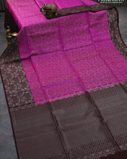 Pure soft silk saree magenta pink and brown with allover silver zari woven brocade weaves and silver zari woven border