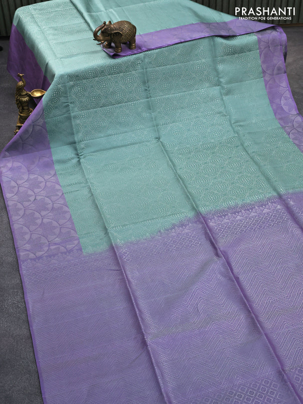 Pure soft silk saree pastel green and dual shade of lavender with allover silver zari woven brocade weaves and silver zari woven border