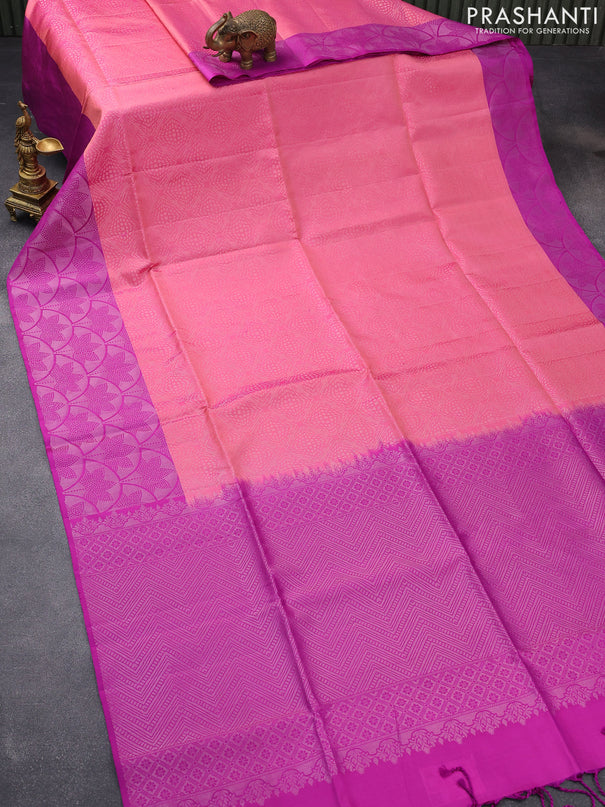 Pure soft silk saree peach pink and purple with allover silver zari woven brocade weaves and silver zari woven border