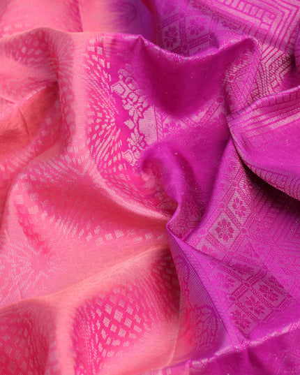 Pure soft silk saree peach pink and purple with allover silver zari woven brocade weaves and silver zari woven border