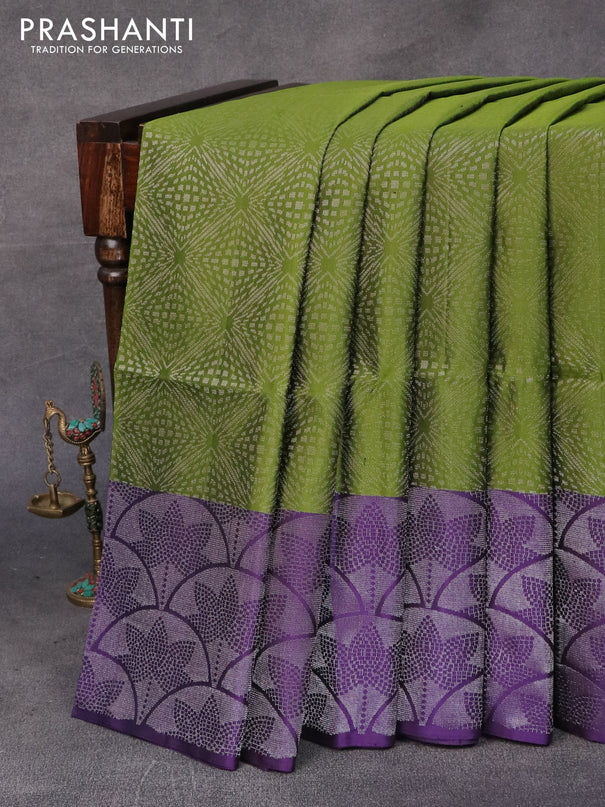 Pure soft silk saree green and deep violet with allover silver zari woven brocade weaves and silver zari woven border