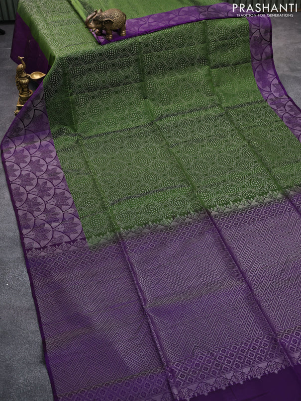 Pure soft silk saree green and violet with allover silver zari woven brocade weaves and silver zari woven border