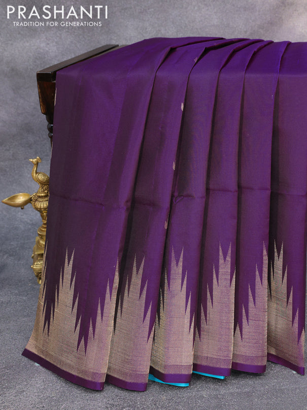 Pure soft silk saree deep purple and teal blue with zari woven muniya buttas and temple design zari woven border