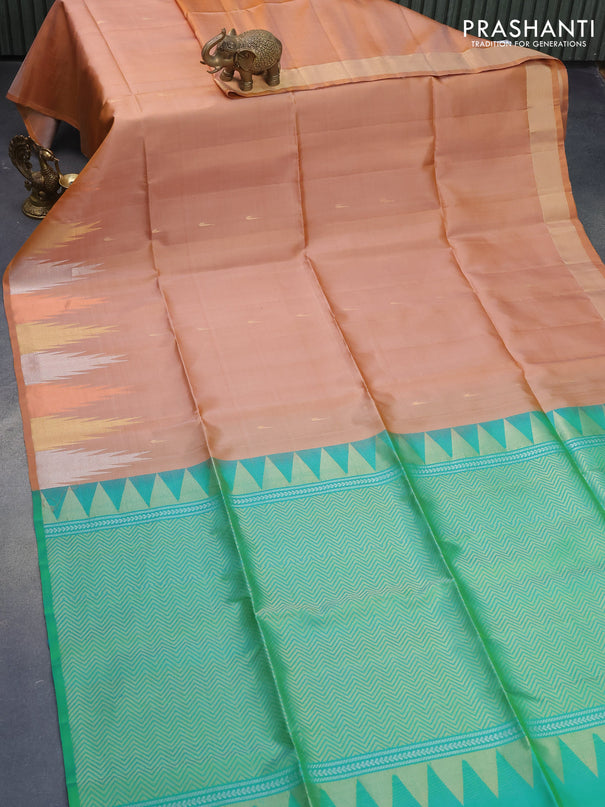 Pure soft silk saree dual shade of mustard and dual shade of teal green with zari woven muniya buttas and temple design zari woven border
