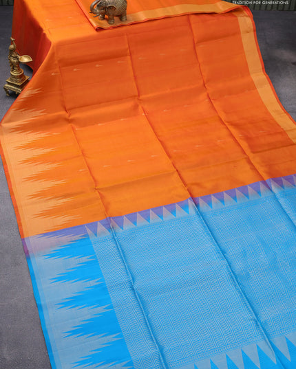 Pure soft silk saree orange and cs blue with zari woven muniya buttas and temple design zari woven border