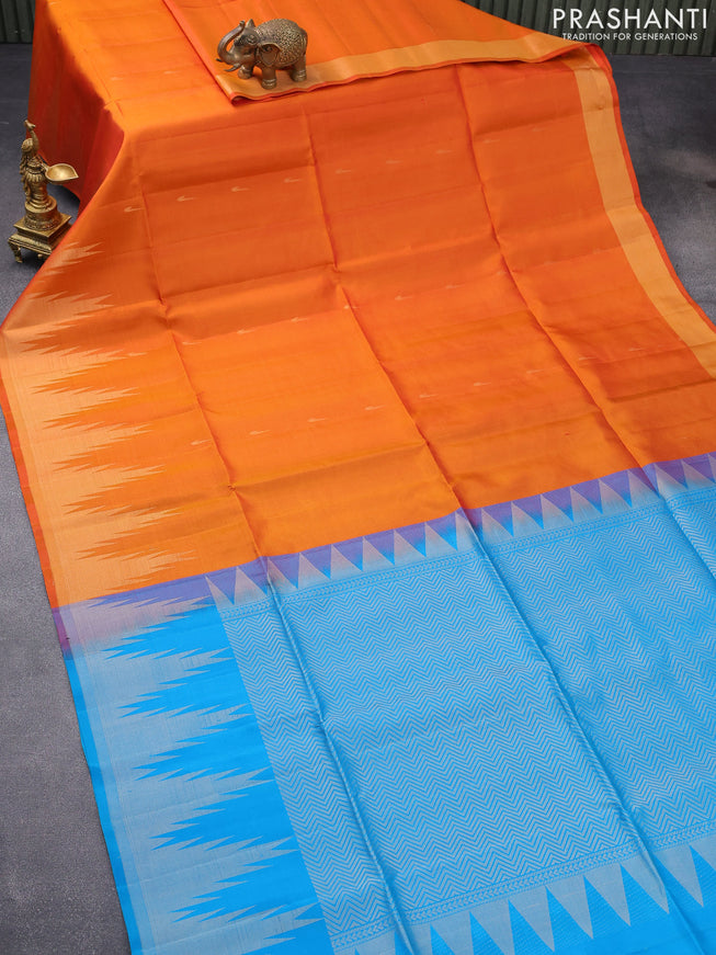 Pure soft silk saree orange and cs blue with zari woven muniya buttas and temple design zari woven border