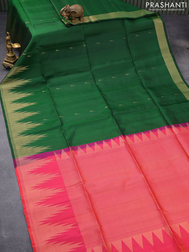 Pure soft silk saree green and dual shade of pinkish orange with zari woven muniya buttas and temple design zari woven border