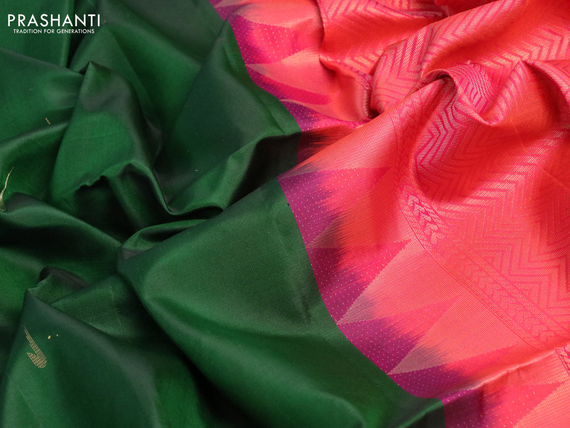 Pure soft silk saree green and dual shade of pinkish orange with zari woven muniya buttas and temple design zari woven border