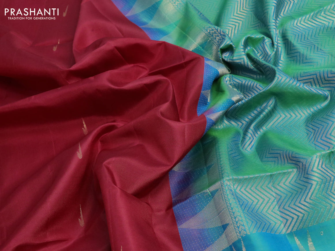 Pure soft silk saree maroon and dual shade of teal blue with zari woven muniya buttas and temple design zari woven border