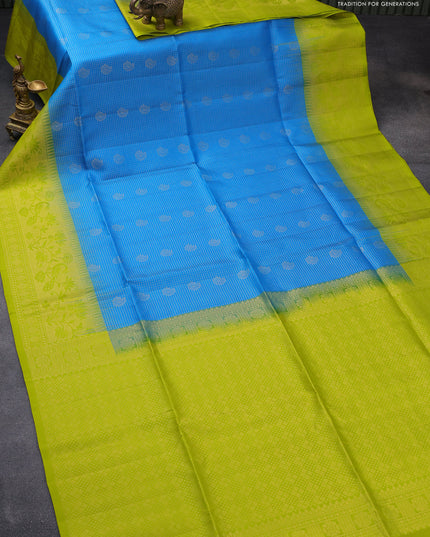 Pure soft silk saree cs blue and lime green with allover small zari checks & buttas and long zari woven border