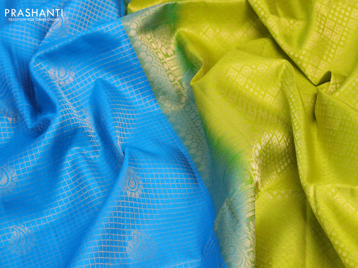 Pure soft silk saree cs blue and lime green with allover small zari checks & buttas and long zari woven border