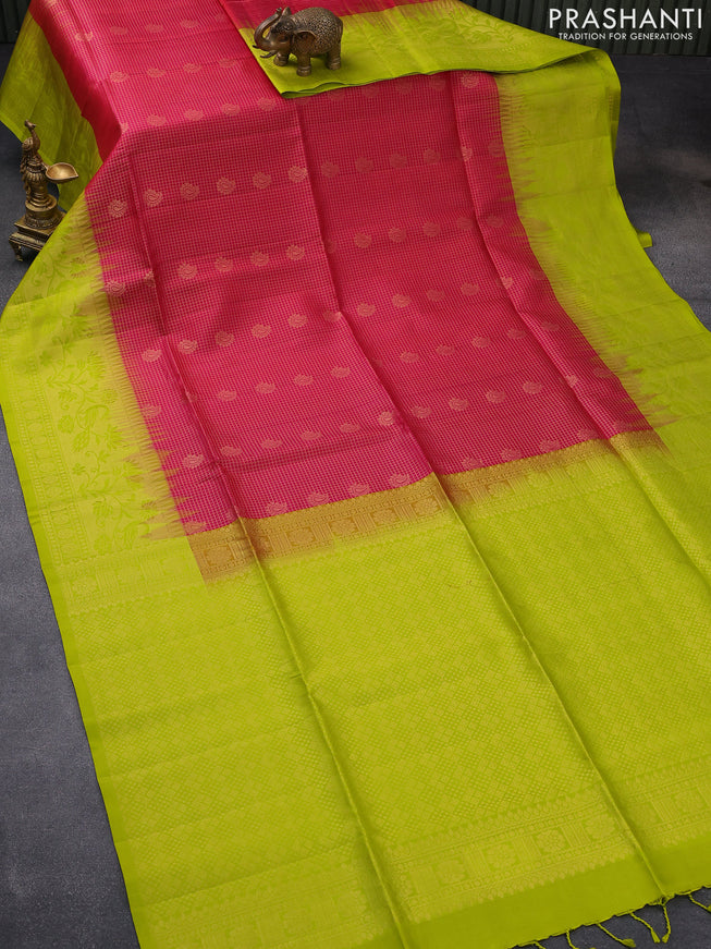 Pure soft silk saree pink and lime green with allover small zari checks & buttas and long zari woven border