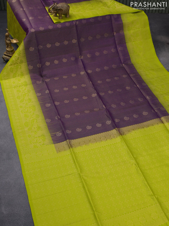 Pure soft silk saree deep violet and lime green with allover small zari checks & buttas and long zari woven border