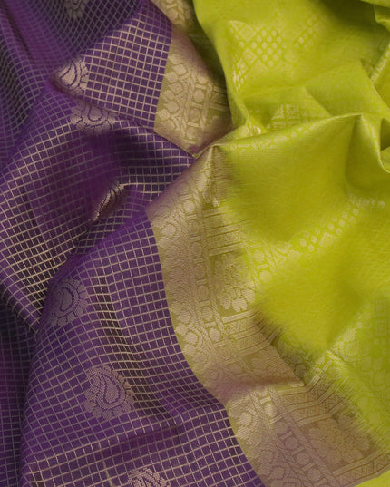 Pure soft silk saree deep violet and lime green with allover small zari checks & buttas and long zari woven border
