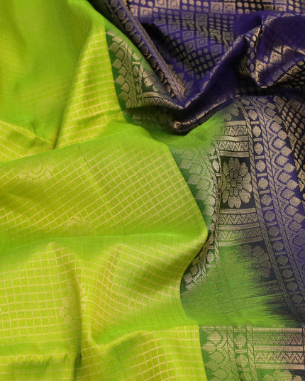 Pure soft silk saree fluorescent green and blue with allover small zari checks & buttas and long zari woven border