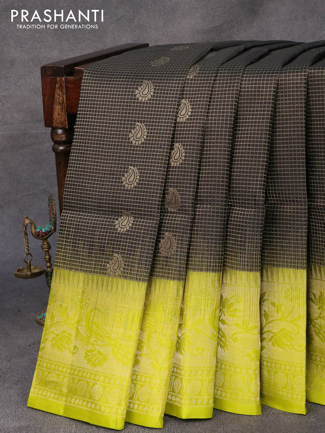 Pure soft silk saree black and lime green with allover small zari checks & buttas and long zari woven border