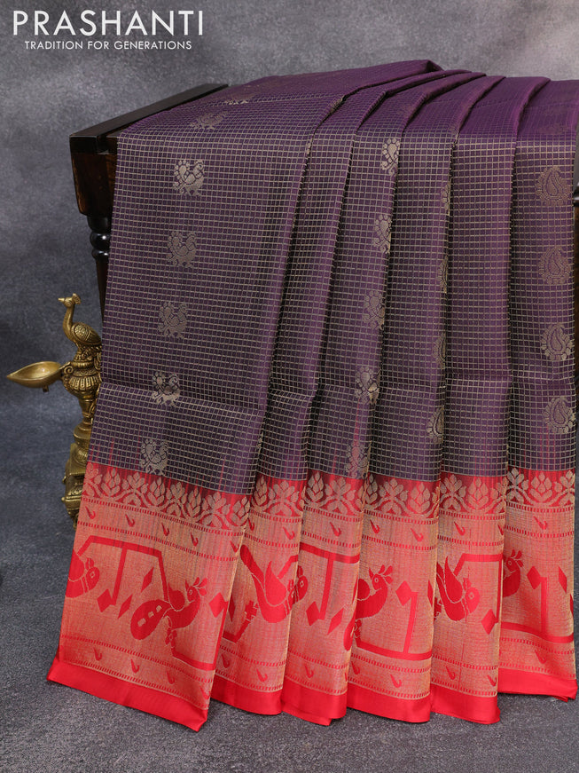 Pure soft silk saree deep jamun shade and red with allover small zari checks & buttas and long zari woven border