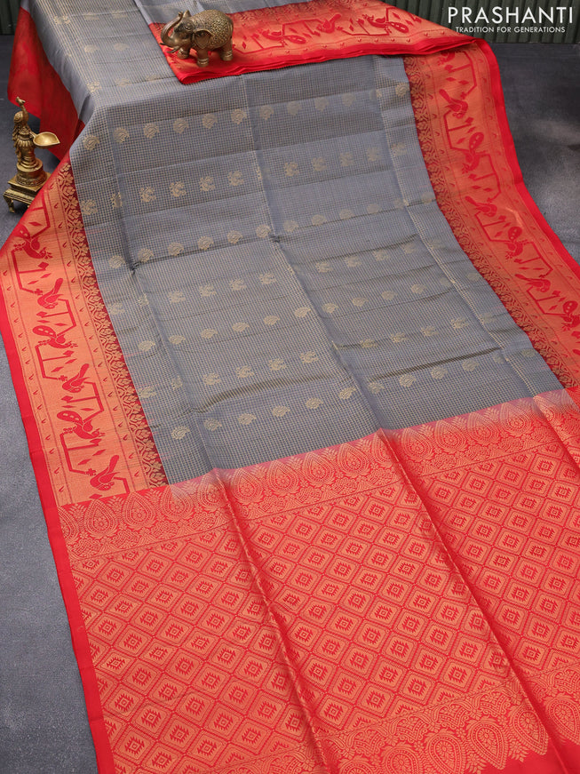Pure soft silk saree grey and red with allover small zari checks & buttas and long zari woven border