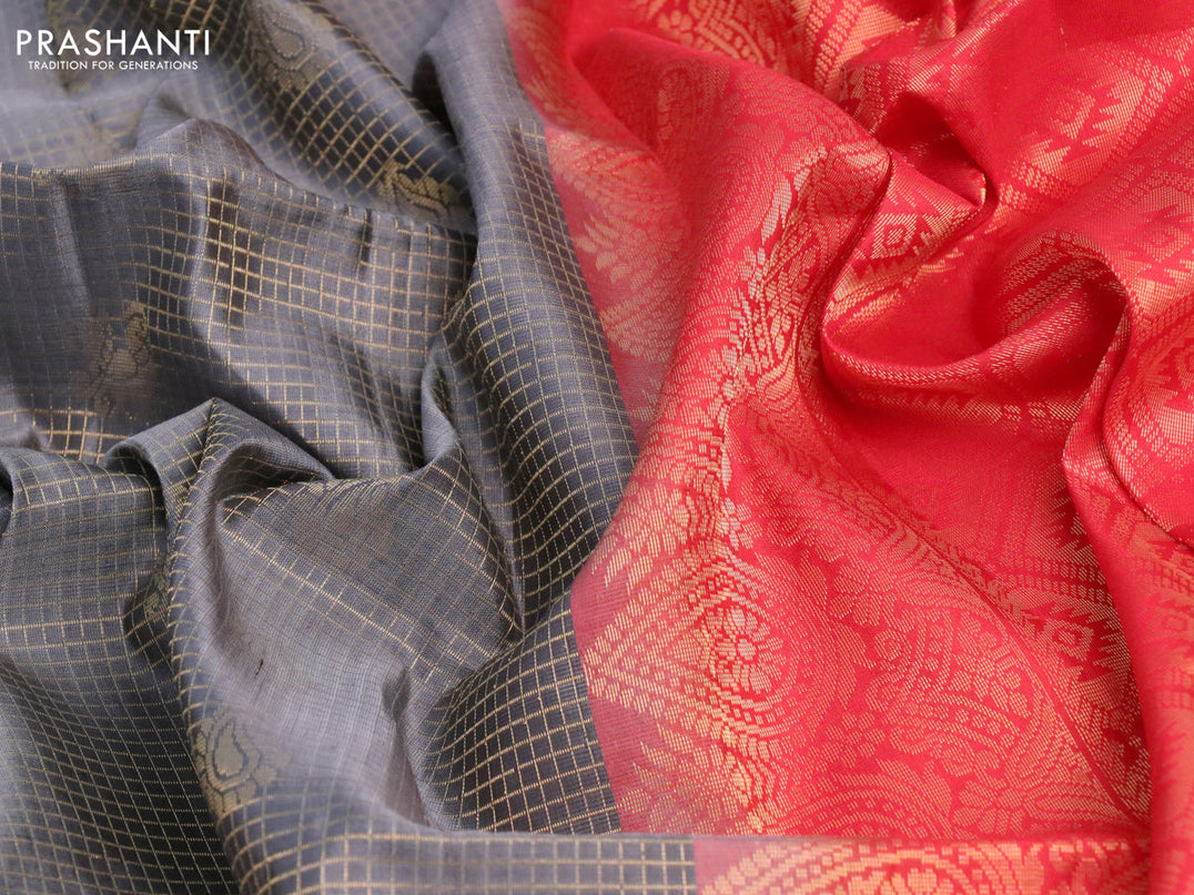 Pure soft silk saree grey and red with allover small zari checks & buttas and long zari woven border