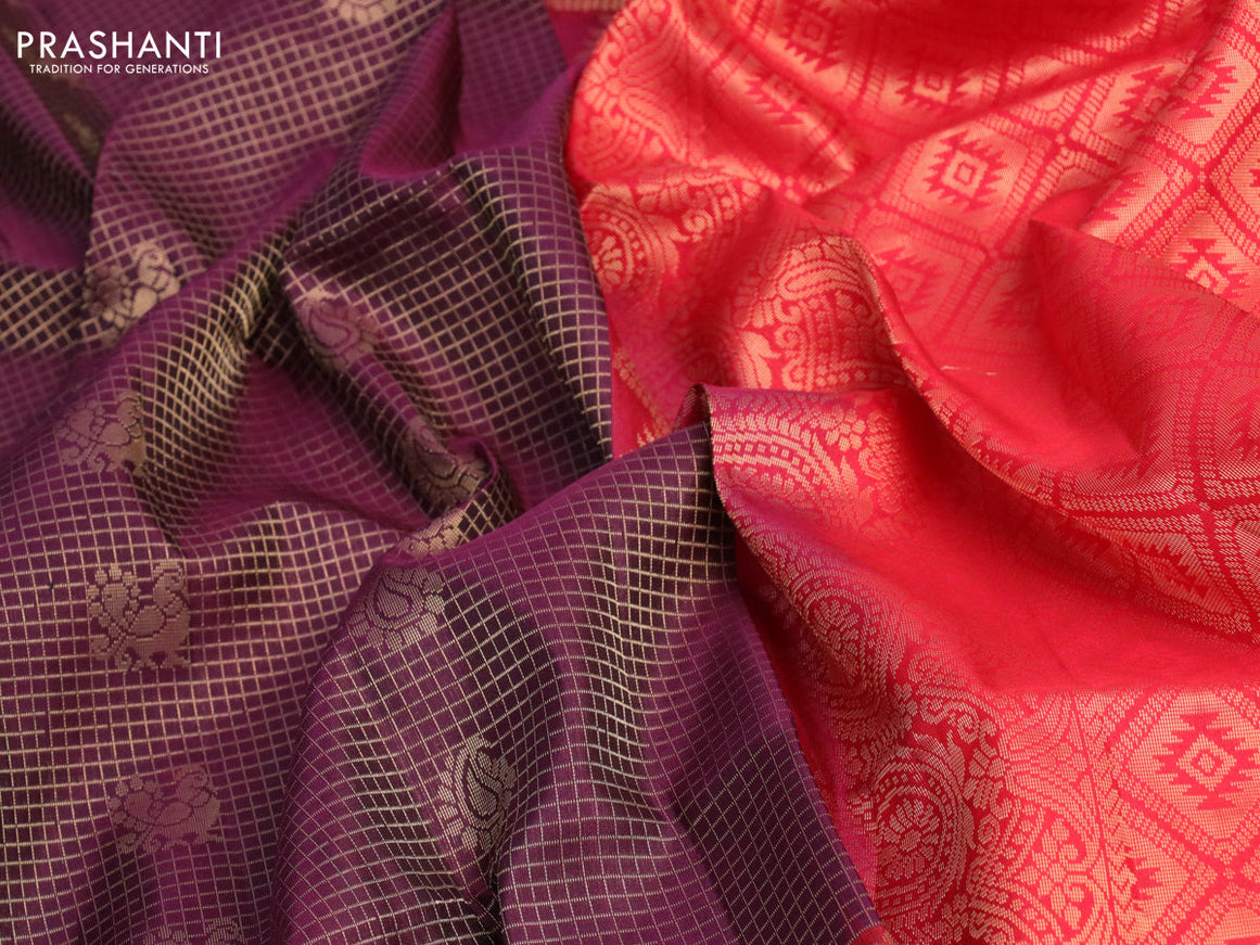 Pure soft silk saree deep wine shade and red with allover small zari checks & buttas and long zari woven border