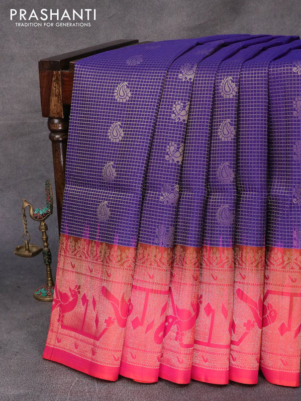 Pure soft silk saree blue and dual shade of pinkish orange with allover small zari checks & buttas and long zari woven border