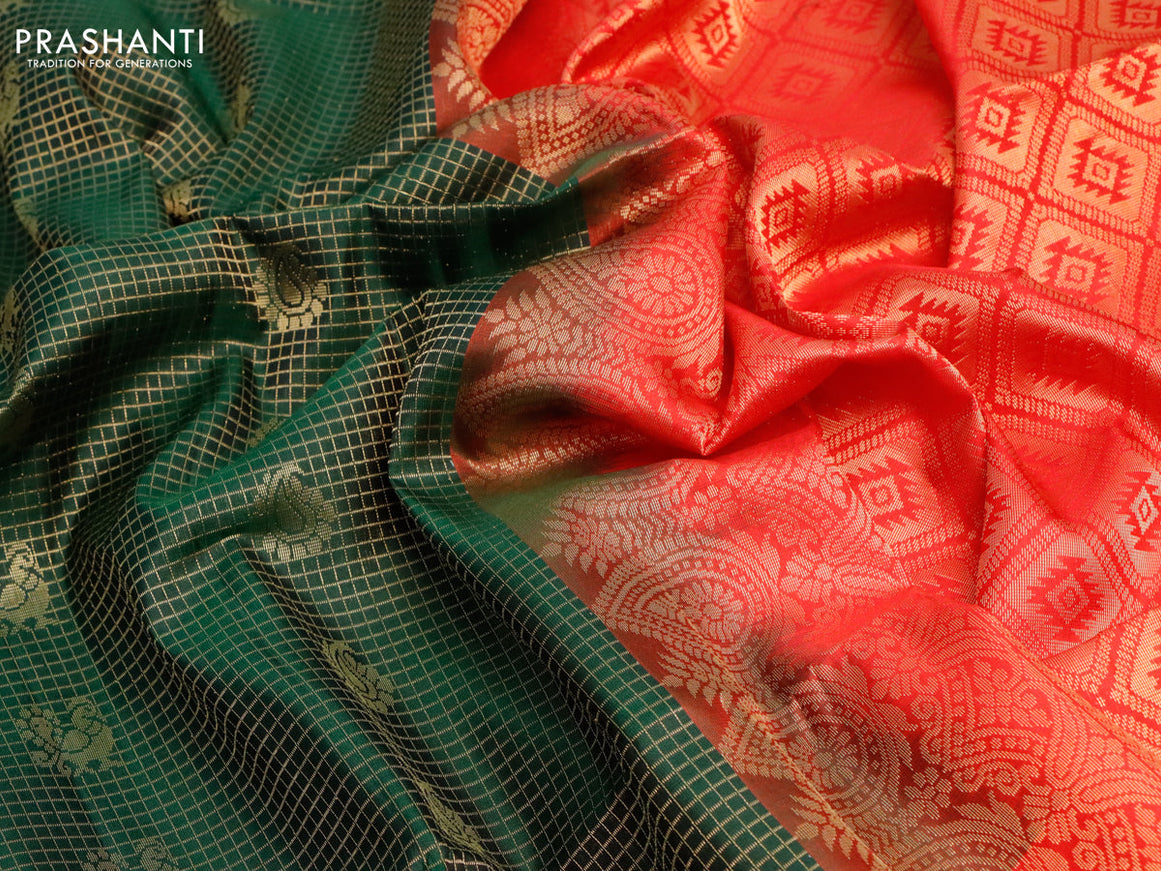 Pure soft silk saree bottle green and red with allover small zari checks & buttas and long zari woven border