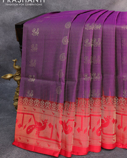 Pure soft silk saree violet and red with allover small zari checks & buttas and long zari woven border