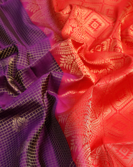 Pure soft silk saree violet and red with allover small zari checks & buttas and long zari woven border