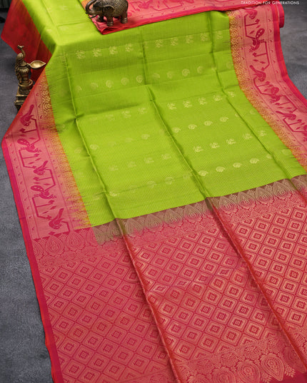 Pure soft silk saree fluorescent green and dual shade of pinkish orange with allover small zari checks & buttas and long zari woven border