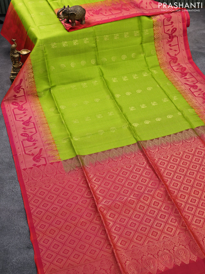 Pure soft silk saree fluorescent green and dual shade of pinkish orange with allover small zari checks & buttas and long zari woven border